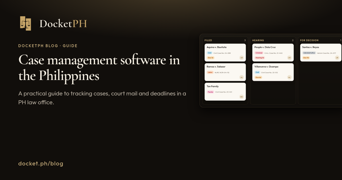 DocketPH blog guide: Case management software in the Philippines, with a sample case board showing Filed, Hearing and For Decision columns